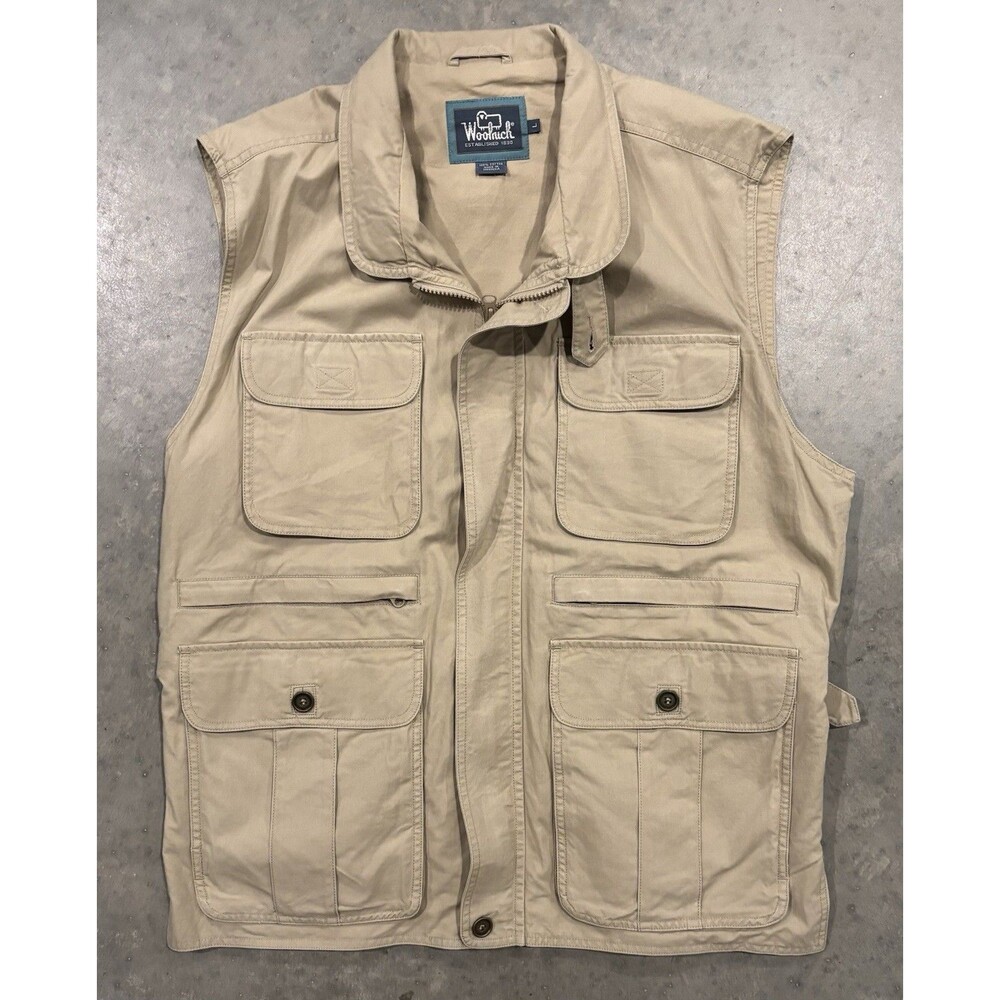 Vintage Woolrich Fishing Vest Mens Large Tan Beige Multi Pocket Utility Safari